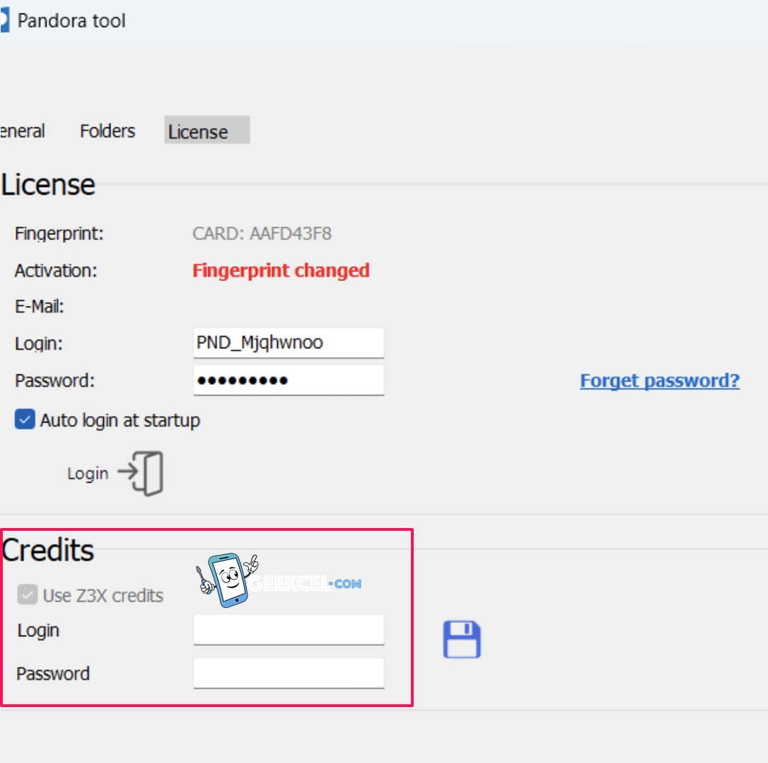 Z3X Pandora Créditos de Servidor interfaz o referencia visual