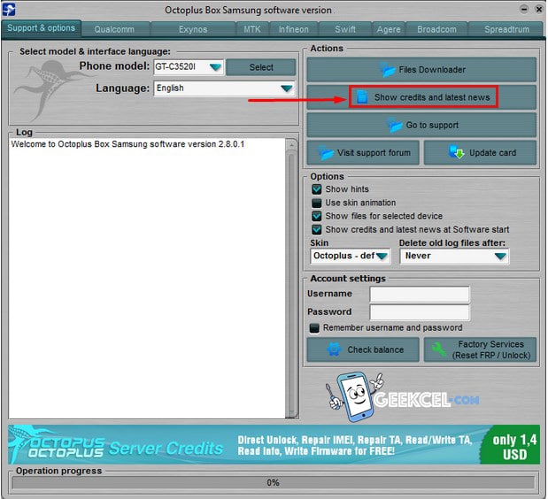 Octoplus Box Créditos de Servidor interfaz o referencia visual